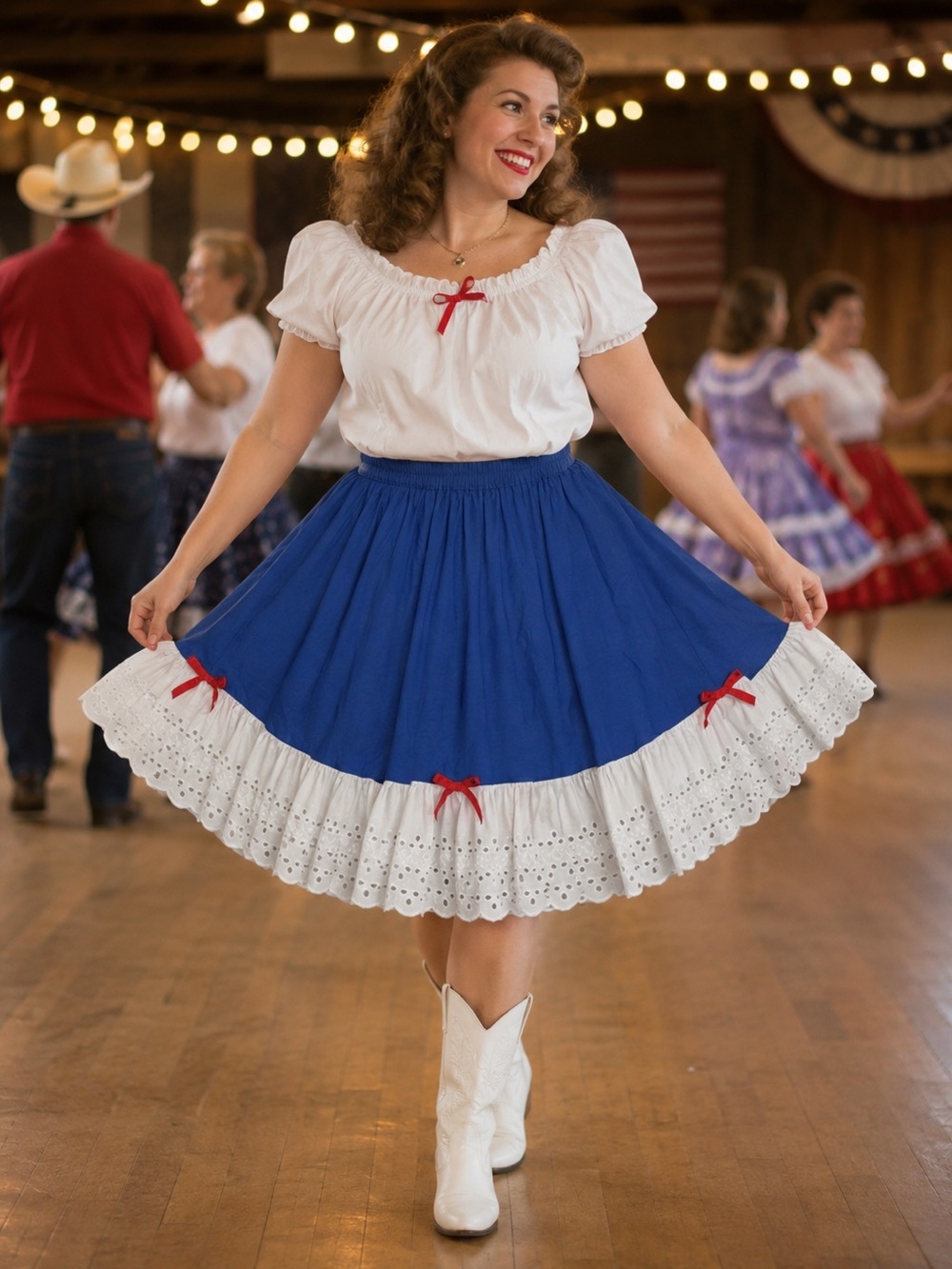 Vintage Kate Schorer Square Dance Skirt Petite Blue Eyelet Lace Western Retro